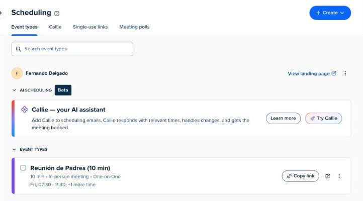 Página principal de Calendly con la lista de eventos