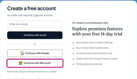 Página de registro de Calendly con el botón Continue with Microsoft resaltado