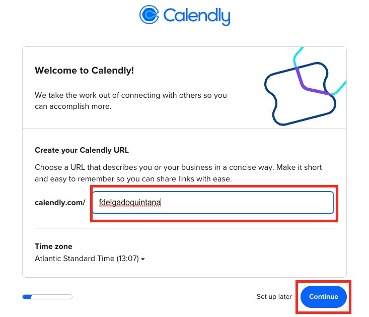 Pantalla para crear el enlace de Calendly y revisar la zona horaria