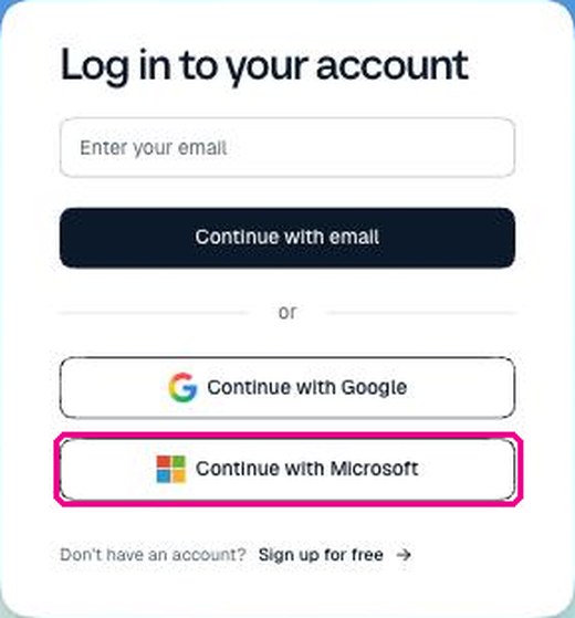 Página de entrada de Calendly con Continue with Microsoft resaltado