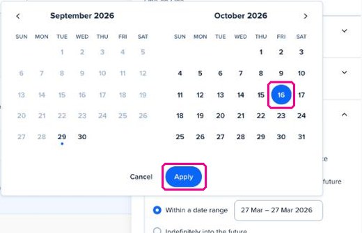 Calendario con el 16 de octubre seleccionado y el botón Apply