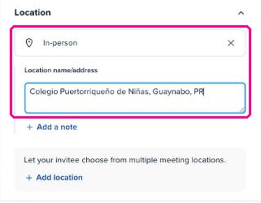 Sección Location con In-person y la dirección del Colegio
