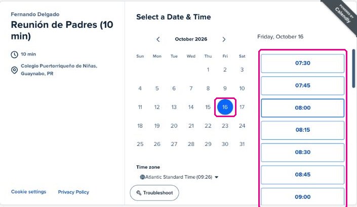 Página de citas con el 16 de octubre y la lista de horas