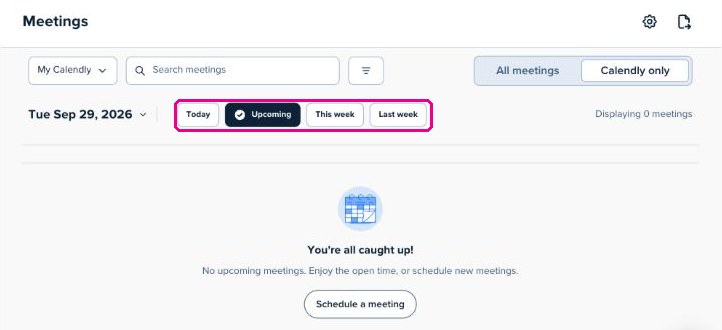 Página Meetings de Calendly con el filtro Upcoming